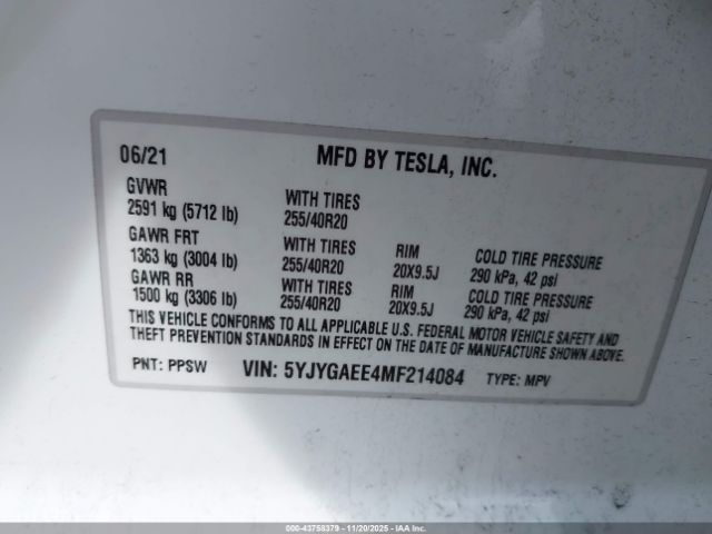 2021 TESLA MODEL Y 5YJYGAEE4MF214084 Photo 8