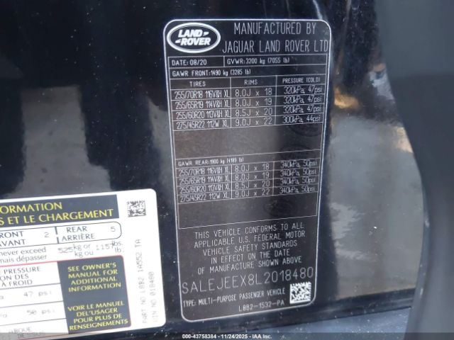 2020 LAND ROVER DEFENDER SALEJEEX8L2018480 Photo 8