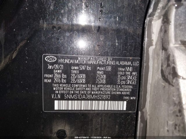 2021 HYUNDAI SANTA FE 5NMS1DAJ8MH321892 Photo 8