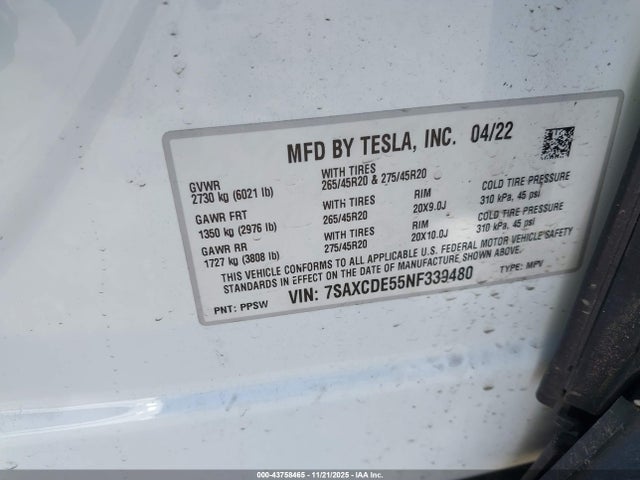 2022 TESLA MODEL X 7SAXCDE55NF339480 Photo 8