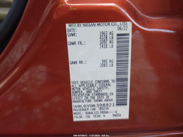 1N4BL4CV5NN398921 Nissan Altima Sr Fwd