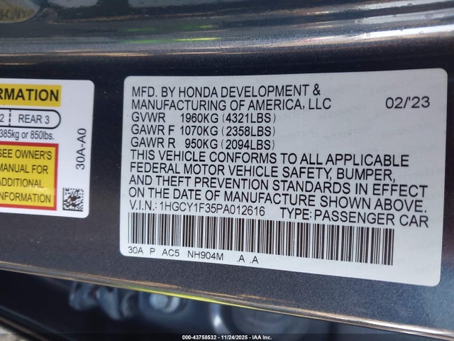 1HGCY1F35PA012616 Honda ACCORD EX