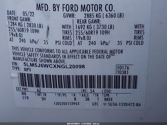 5LM5J6WCXNGL20098 Lincoln Aviator Standard