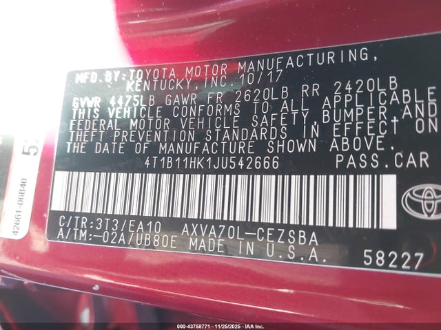 4T1B11HK1JU542666 Toyota CAMRY SE
