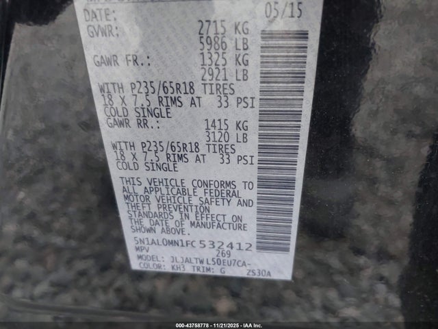 Продажа на аукционе авто 2015 Infiniti Qx60, vin: 5N1AL0MN1FC532412, номер лота: 43758778