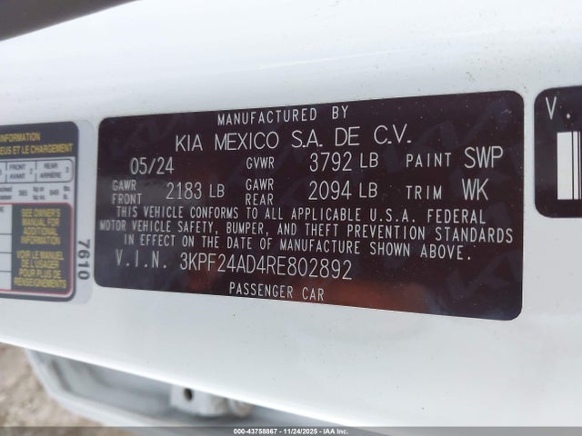 3KPF24AD4RE802892 KIA Forte Lxs