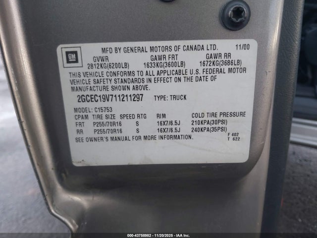 2001 CHEVROLET SILVERADO 1500 2GCEC19V711211297 Photo 8