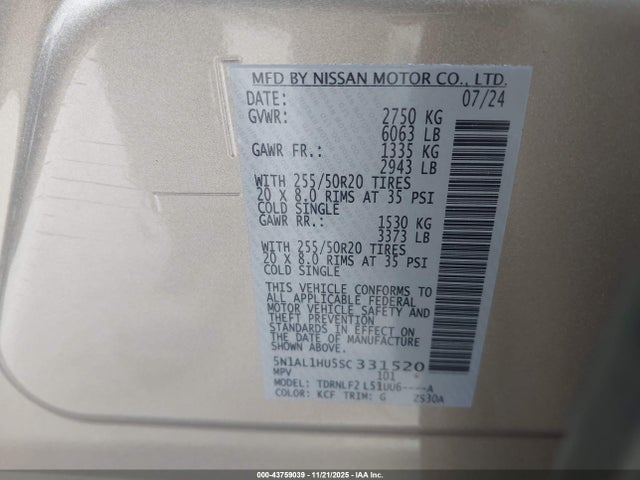 5N1AL1HU5SC331520 Infiniti Qx60 Autograph Awd