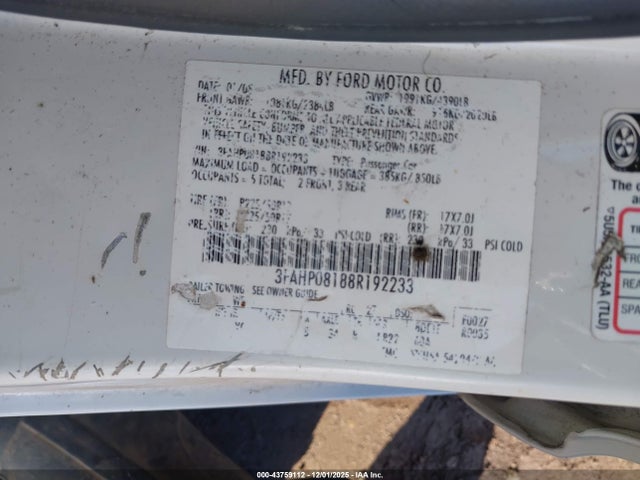 43759112 :رقم المزاد ، 3FAHP08188R192233 vin ، 2008 Ford Fusion Sel مزاد بيع