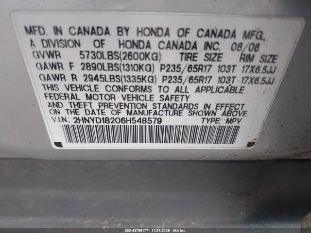 43759177 :رقم المزاد ، 2HNYD18206H548579 vin ، 2006 Acura Mdx مزاد بيع
