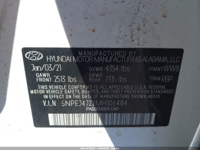 5NPEJ4J22MH106484 Hyundai Sonata Sel Plus