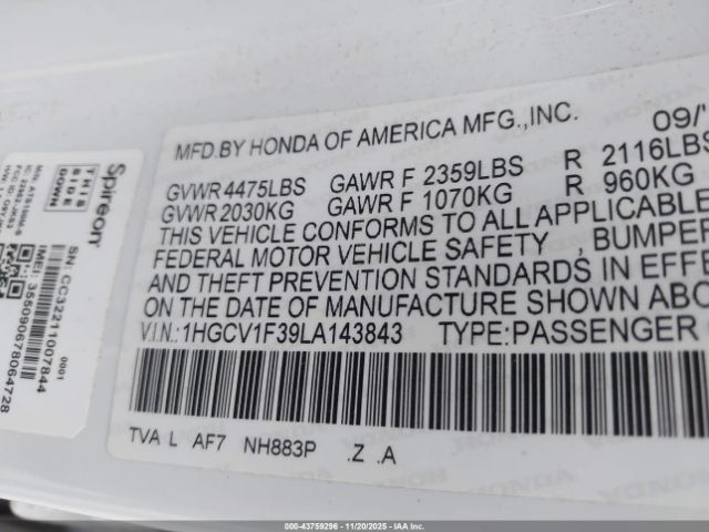 2020 HONDA ACCORD 1HGCV1F39LA143843 Photo 8