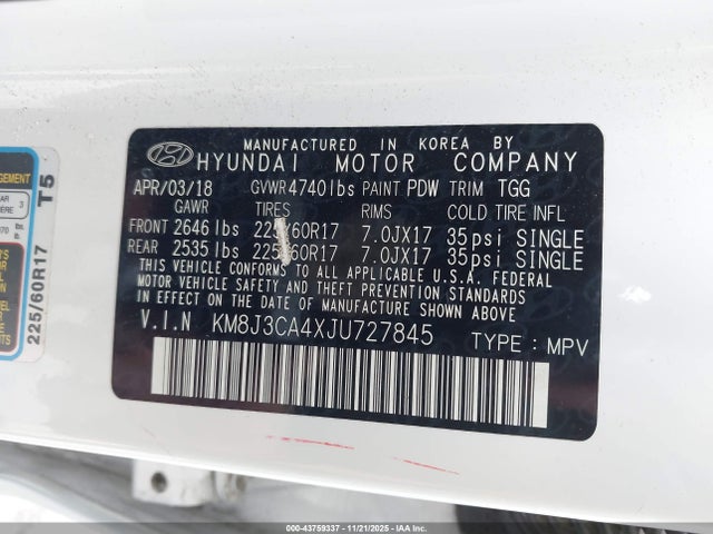 KM8J3CA4XJU727845 Hyundai TUCSON SEL
