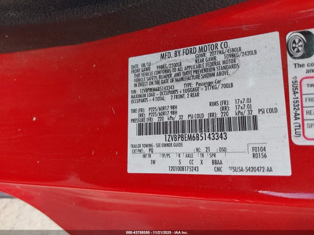 2011 FORD MUSTANG 1ZVBP8EM6B5143343 Photo 8