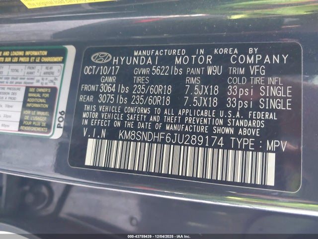 KM8SNDHF6JU289174 Hyundai Santa Fe Se