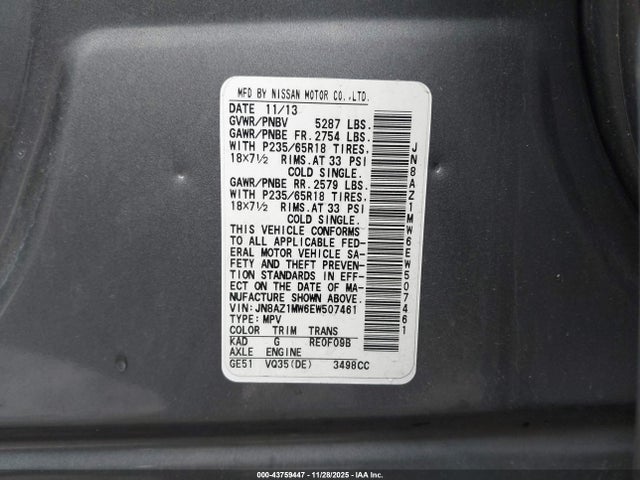 JN8AZ1MW6EW507461 Nissan MURANO SL