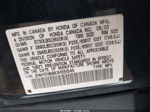 2003 ACURA MDX 2HNYD18983H551545 Photo 8