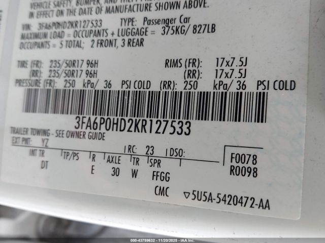 2019 FORD FUSION 3FA6P0HD2KR127533 Photo 8