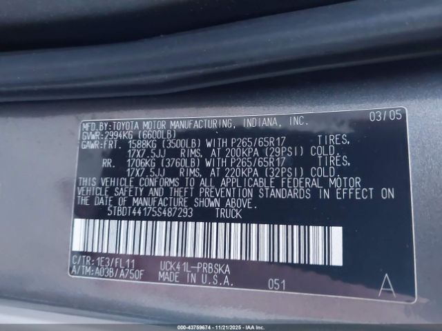 2005 TOYOTA TUNDRA 5TBBT44175S487293 Photo 8