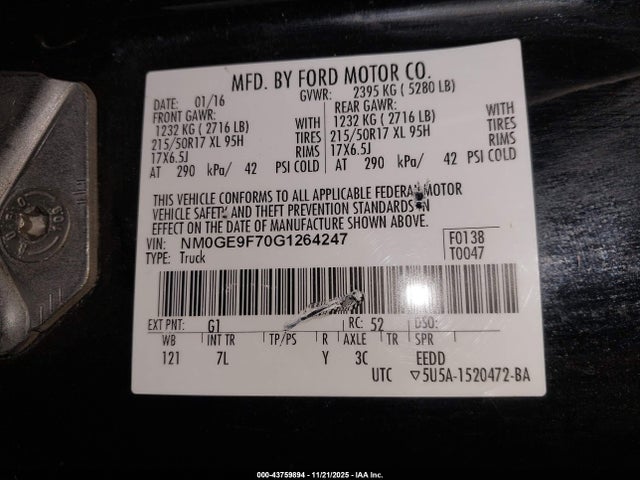 2016 Ford Transit Connect Xlt მანქანა იყიდება აუქციონზე, vin: NM0GE9F70G1264247, აუქციონის ნომერი: 43759894