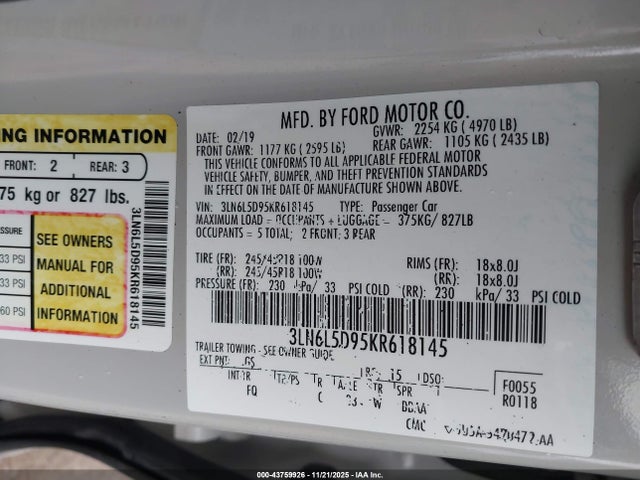 Продажа на аукционе авто 2019 Lincoln Mkz Reserve I, vin: 3LN6L5D95KR618145, номер лота: 43759926