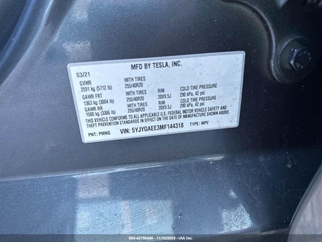 2021 TESLA MODEL Y 5YJYGAEE3MF144318 Photo 8
