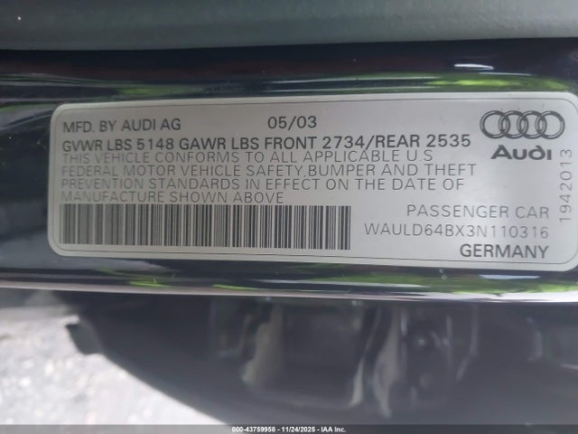 2003 AUDI A6 WAULD64BX3N110316 Photo 8
