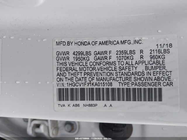 Aukcja sprzedaży 2019 Honda Accord Lx, vin: 1HGCV1F11KA015108, numer aukcji: 43759966