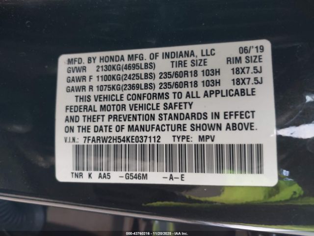 2019 HONDA CR-V 7FARW2H54KE037112 Photo 8