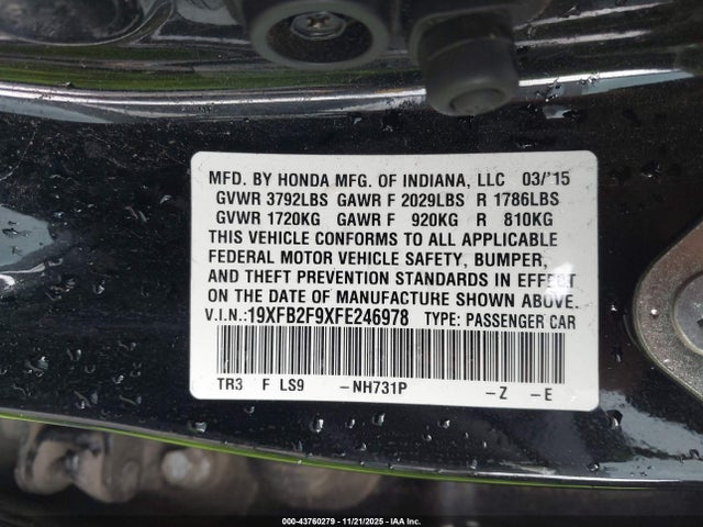Продаж на аукціоні авто 2015 Honda Civic Ex-l, vin: 19XFB2F9XFE246978, номер лоту: 43760279