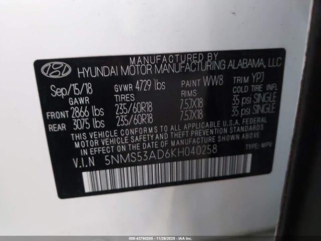 2019 HYUNDAI SANTA FE 5NMS53AD6KH040258 Photo 8