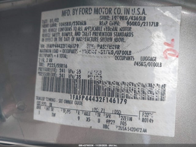 Aukcja sprzedaży 2002 Ford Mustang, vin: 1FAFP44432F146179, numer aukcji: 43760336