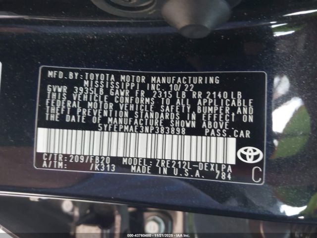 2022 TOYOTA COROLLA 5YFEPMAE3NP383898 Photo 8