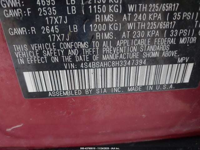 Продаж на аукціоні авто 2017 Subaru Outback 2.5i Premium, vin: 4S4BSAHC8H3347394, номер лоту: 43760510