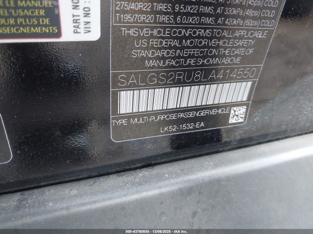 2020 LAND ROVER RANGE ROVER SALGS2RU8LA414550 Photo 8