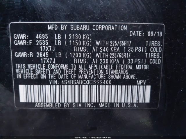 2019 SUBARU OUTBACK 4S4BSABCXK3222400 Photo 8