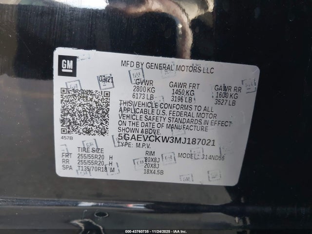 5GAEVCKW3MJ187021 Buick lfy - spark ignited direct injection, atss, gen1