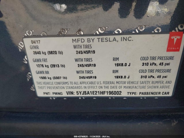 Aukcja sprzedaży 2017 Tesla Model S 100d/60d/75d/90d/p100d, vin: 5YJSA1E21HF196002, numer aukcji: 43760825