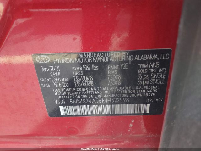 2021 HYUNDAI SANTA FE 5NMS24AJ6MH322598 Photo 8