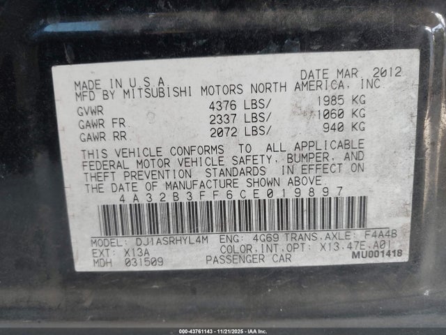 2012 MITSUBISHI GALANT 4A32B3FF6CE019897 Photo 8