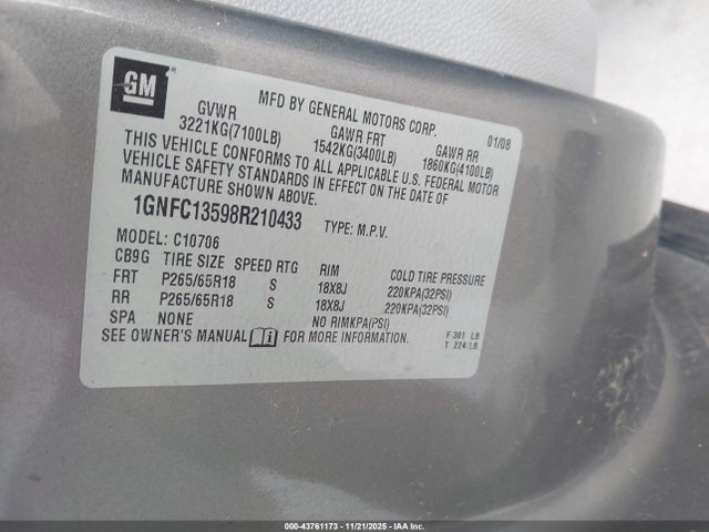 2008 CHEVROLET TAHOE HYBRID 1GNFC13598R210433 Photo 8