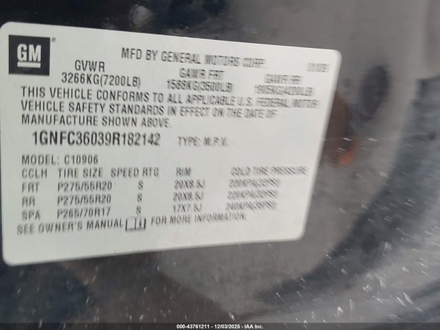 2009 CHEVROLET SUBURBAN 1500 1GNFC36039R182142 Photo 8