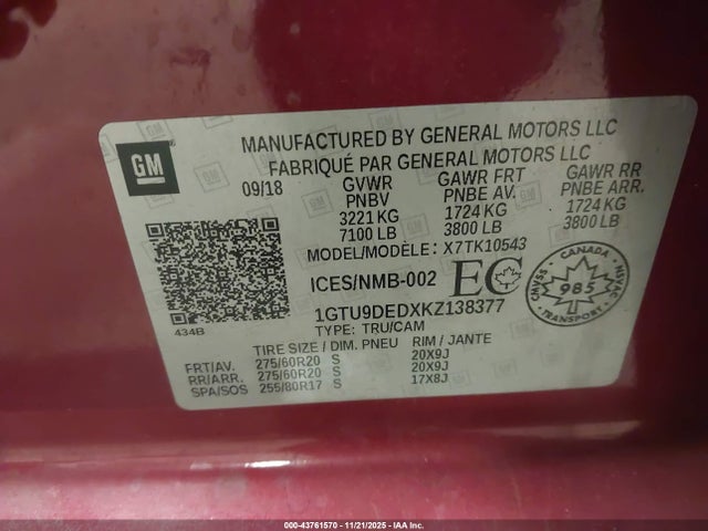 Aukcja sprzedaży 2019 Gmc Sierra 1500 Slt, vin: 1GTU9DEDXKZ138377, numer aukcji: 43761570
