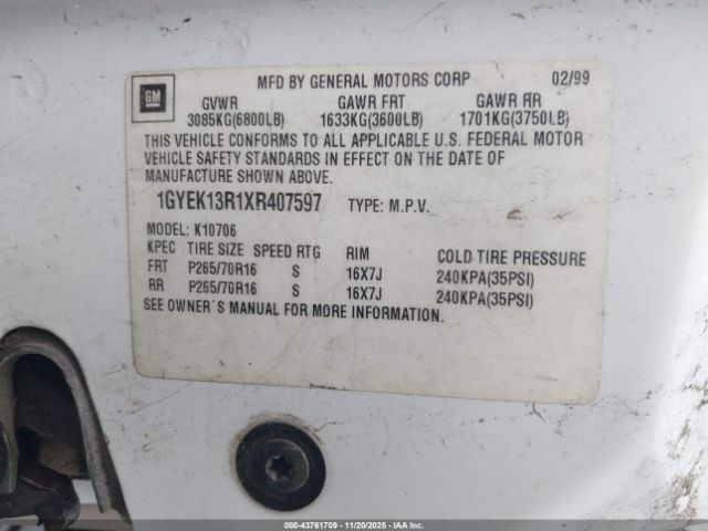 1999 CADILLAC ESCALADE 1GYEK13R1XR407597 Photo 8