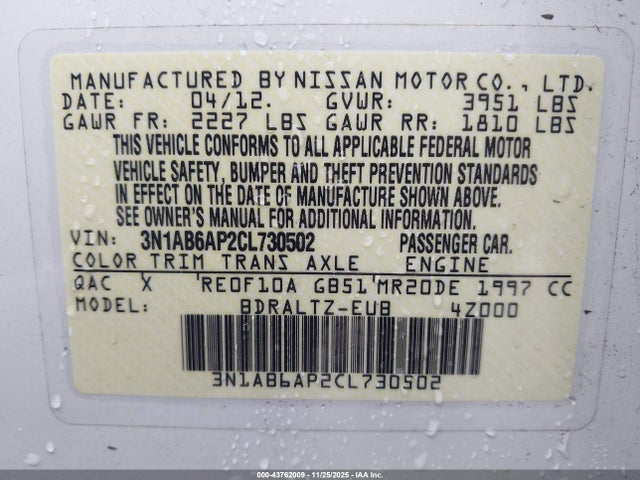 Aukcja sprzedaży 2012 Nissan Sentra 2.0 Sr, vin: 3N1AB6AP2CL730502, numer aukcji: 43762009