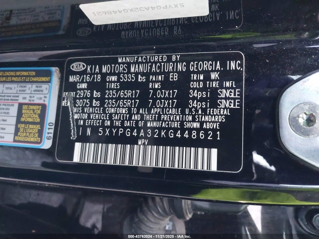 5XYPG4A32KG448621 KIA Sorento 2.4l Lx