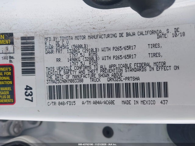43762190 :رقم المزاد ، 3TMAZ5CN0KM083380 vin ، 2019 Toyota Tacoma Trd Sport مزاد بيع