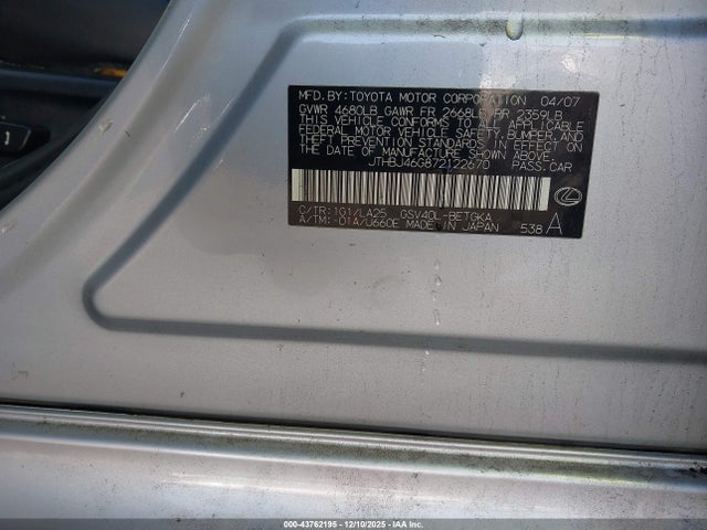 2007 Lexus Es 350 მანქანა იყიდება აუქციონზე, vin: JTHBJ46G872122670, აუქციონის ნომერი: 43762195