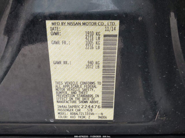 Nissan Altima 2.5 Sl 2015 1N4AL3AP8FC224476 Image 9