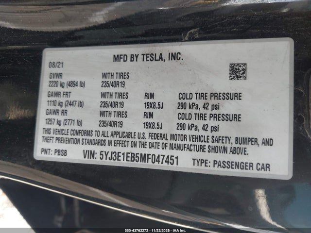 2021 TESLA MODEL 3 5YJ3E1EB5MF047451 Photo 8